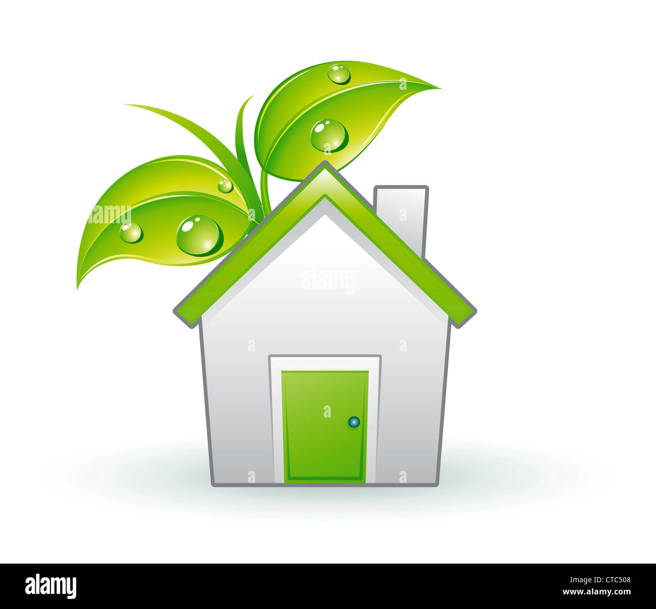 Vector illustration of Single eco icon - Green house and green leaves with water drops Stock Photo