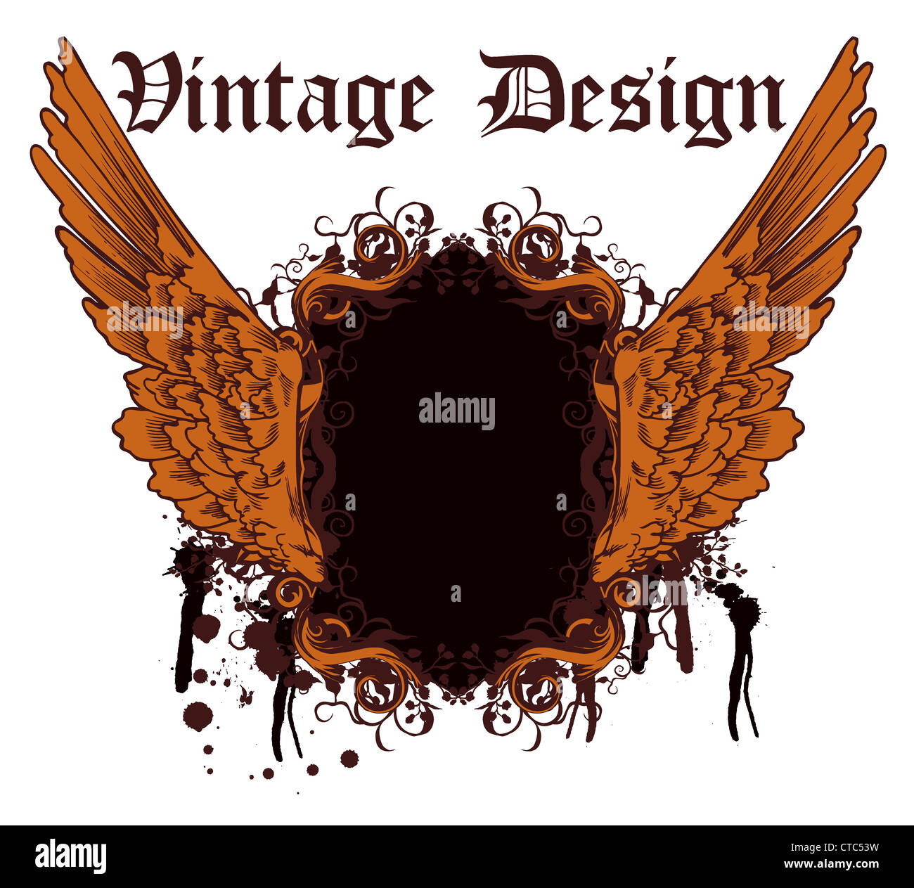 vector vintage floral frame with wings and grunge Stock Photo - Alamy