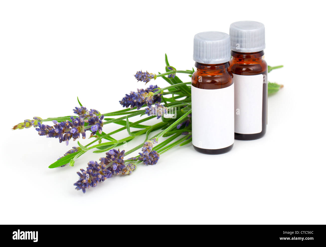 Aromatherapy Lavender oil and lavender flower, isolated on white background Stock Photo