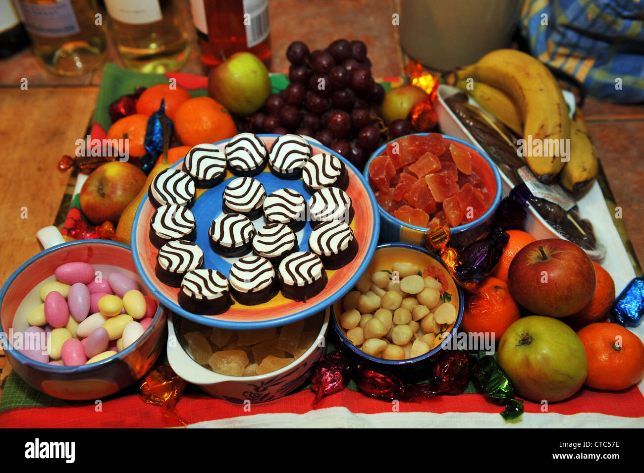 Christmas sweets and fruits to celebrate Christmas Eve. Stock Photo