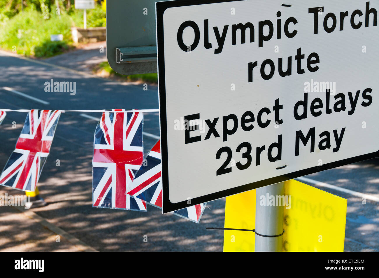 Olympic Torch route sign, Painswick, Gloucestershire, UK Stock Photo