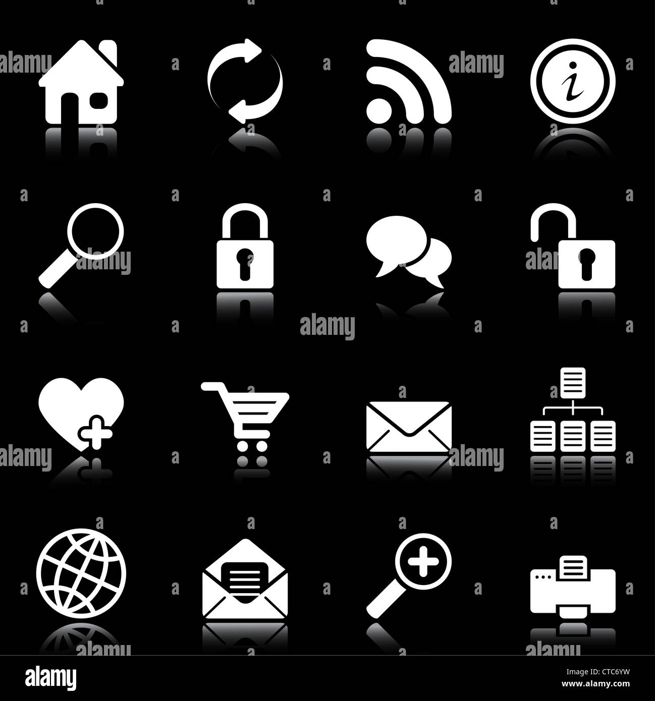 Web and Internet icons reflected on black background, isolated objects Stock Photo