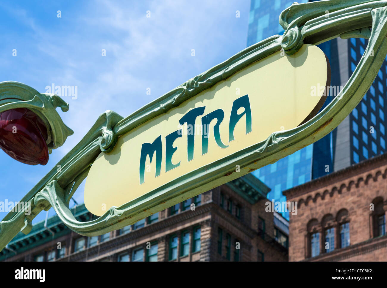 Sign outside Van Buren Str Metra station, a replica of Hector Guimard art noveau Paris metro signs, Michigan Avenue, Chicago, IL Stock Photo