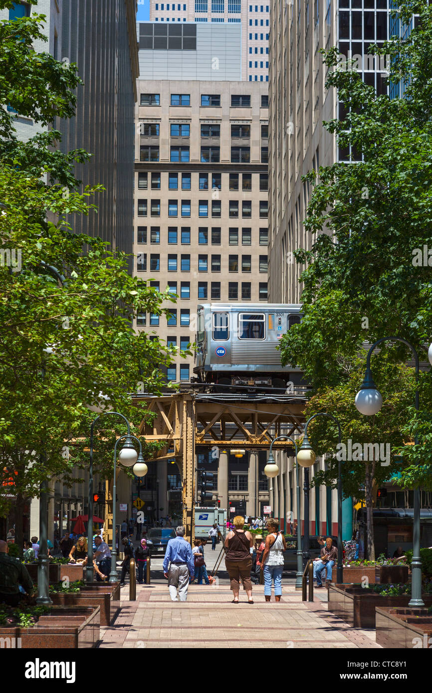 L train on The Loop viewed from Financial Place in downtown Chicago, Illinois, USA Stock Photo