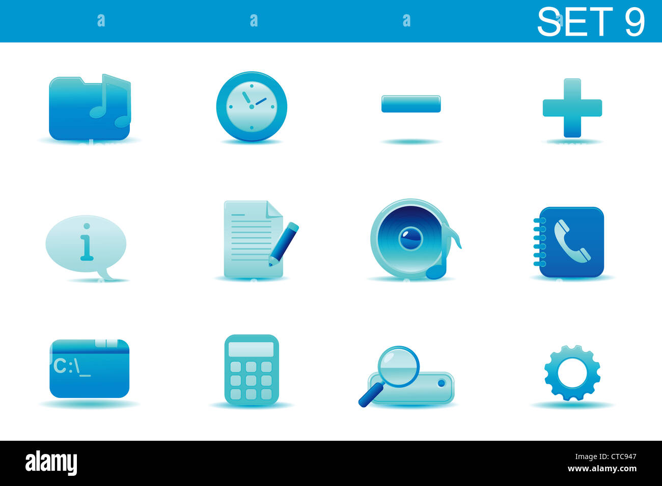 Vector illustration set of blue elegant simple icons for common ...