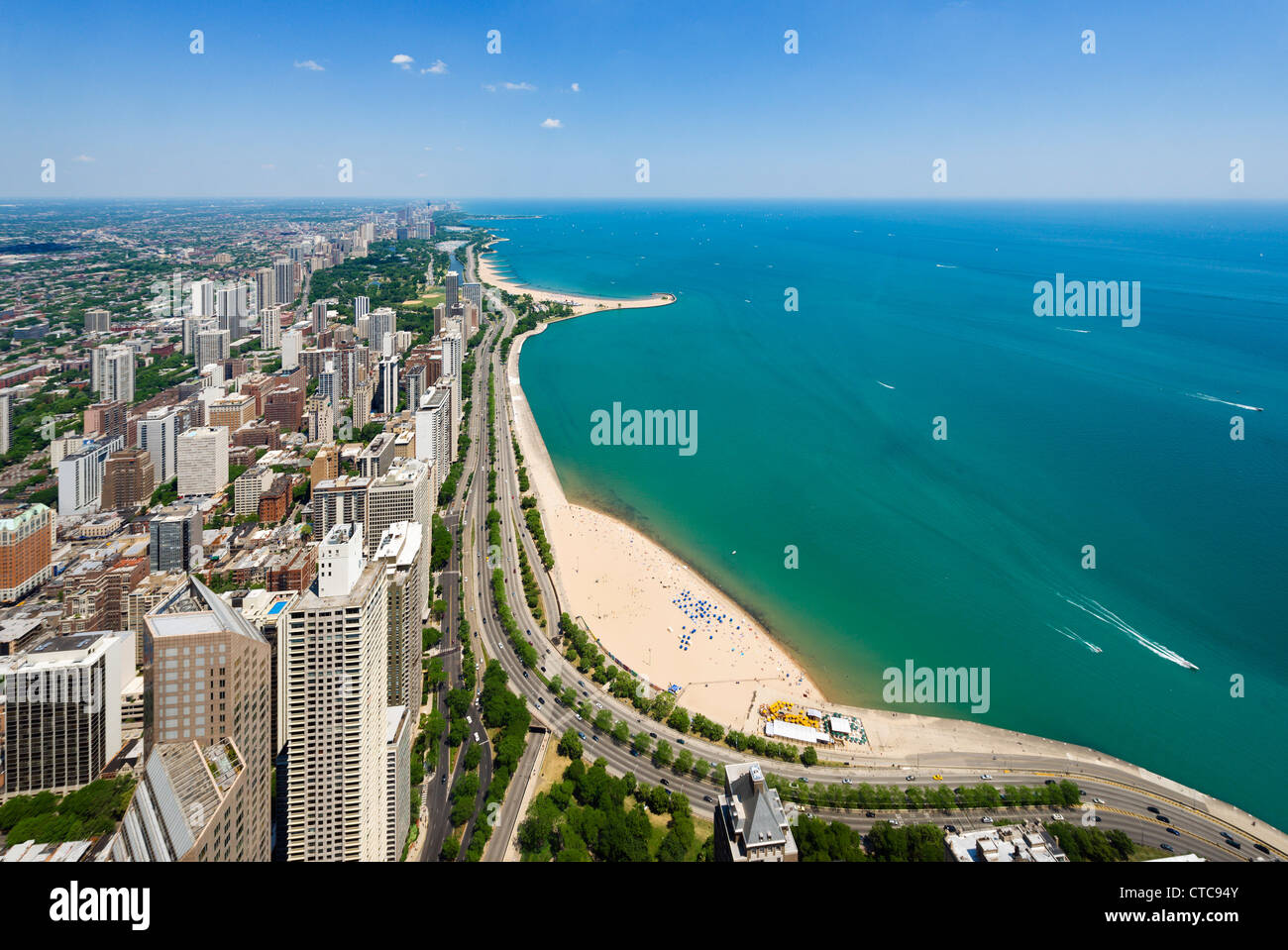 View over Oak Street and North Avenue beaches on Lake Michigan from 360 Chicago in the John Hancock Center, N Michigan Avenue, Chicago, Illinois, USA Stock Photo