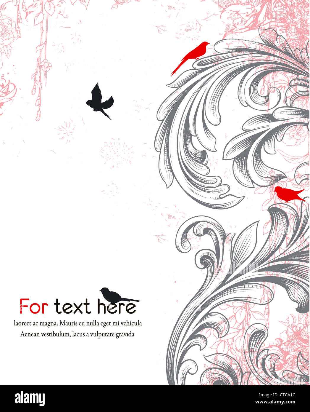 vector engraved floral background with birds Stock Photo - Alamy