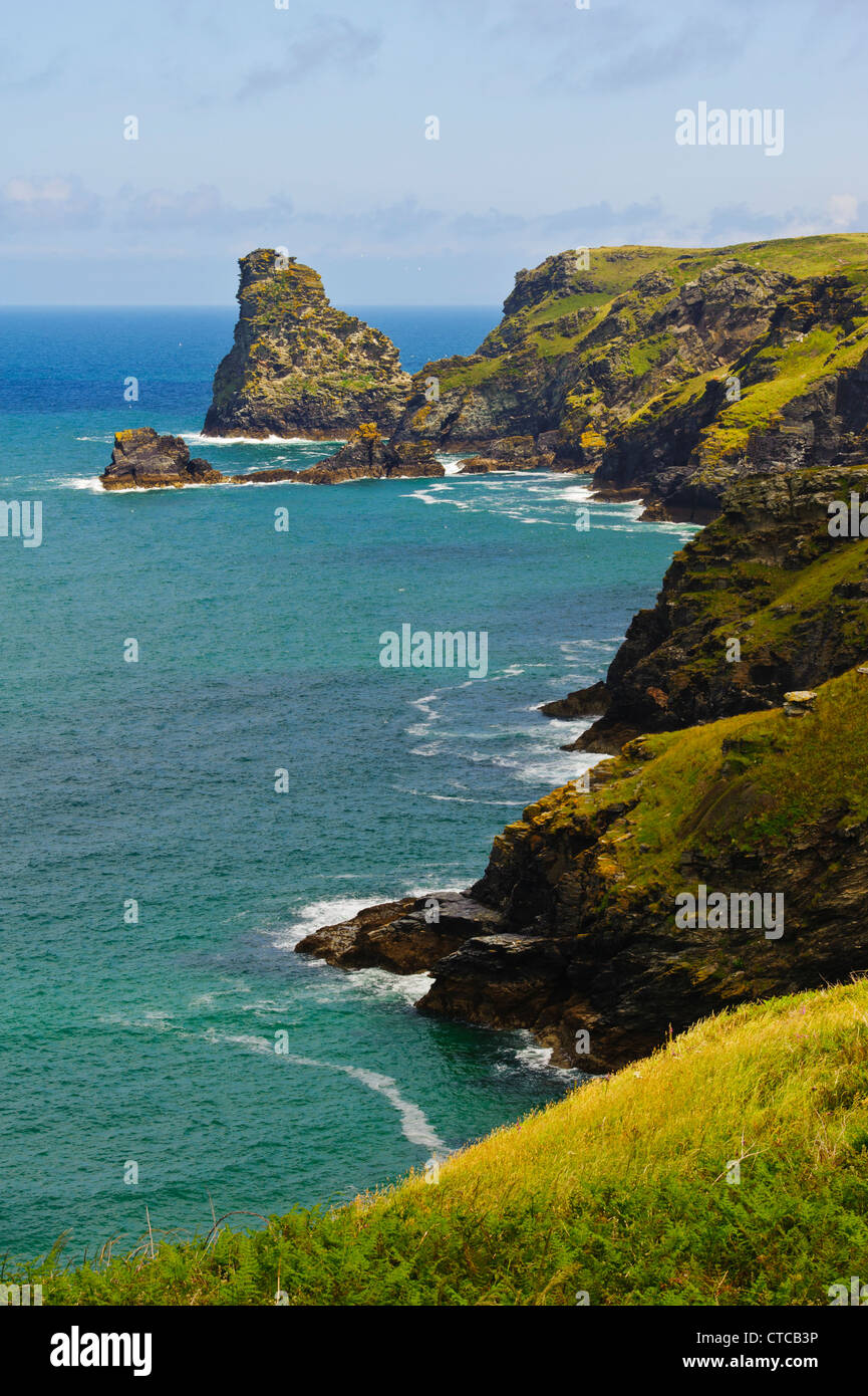 Saddle Rocks and Long Island North Cornwall Coast England UK, showing ...
