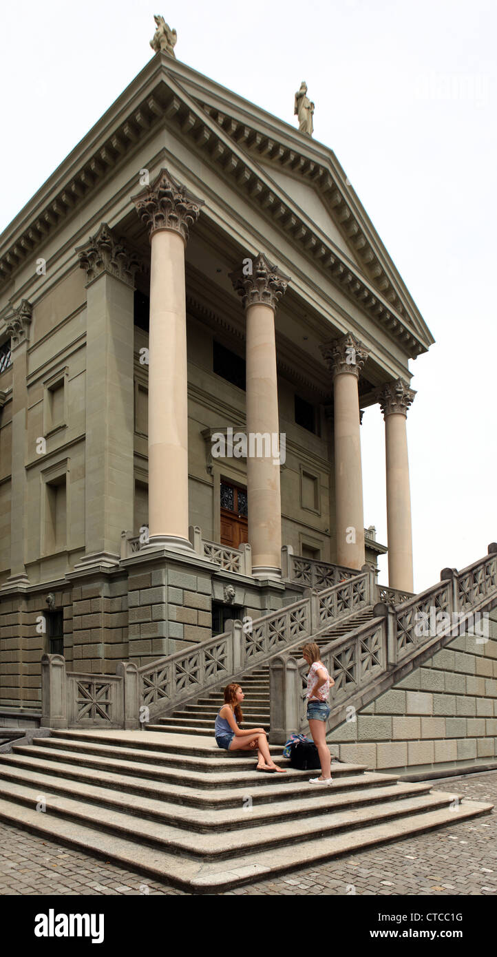 Girl tourists on the steps of The Temple of Democracy, Winterthur, Switzerland Stock Photo