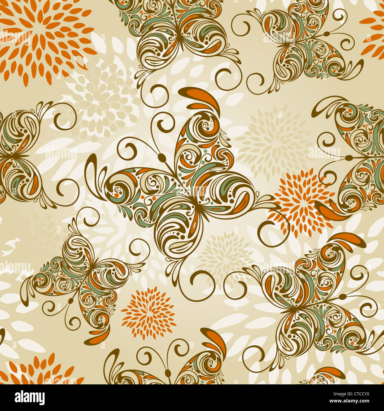 seamless pattern with hand drawn butterflies and abstract flowers Stock ...