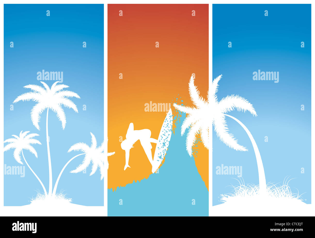 vector summer banners with palm trees and surfer Stock Photo - Alamy