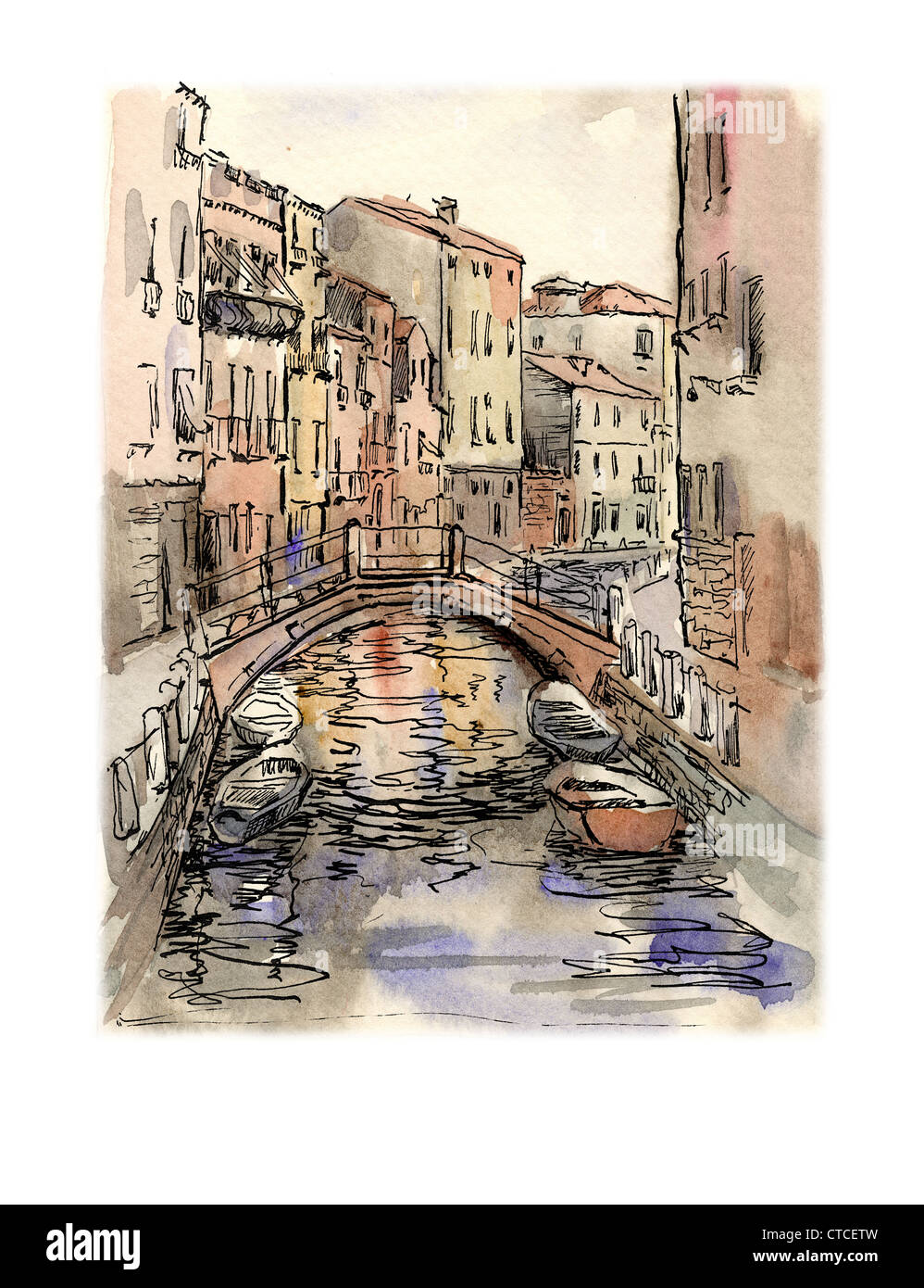 Handmade water-color drawing of some of Venice's canals. Stock Photo