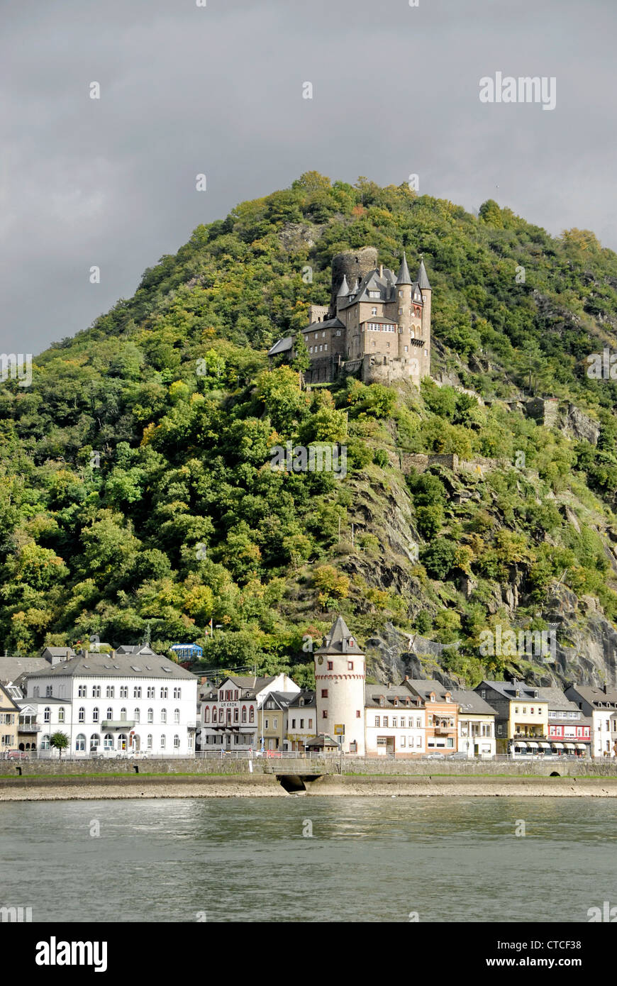 Castle on the hill overlooking the town of Sankt Goar, On the Rhine ...