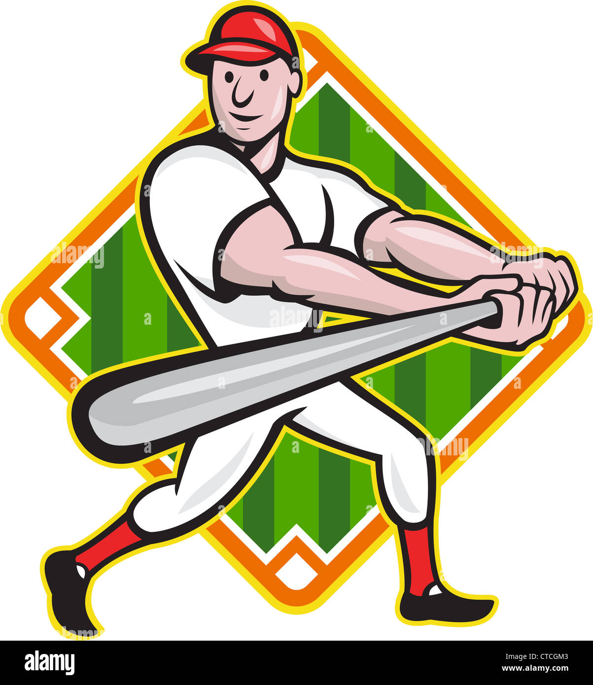 Cartoon illustration of a baseball player with bat batting facing front ...