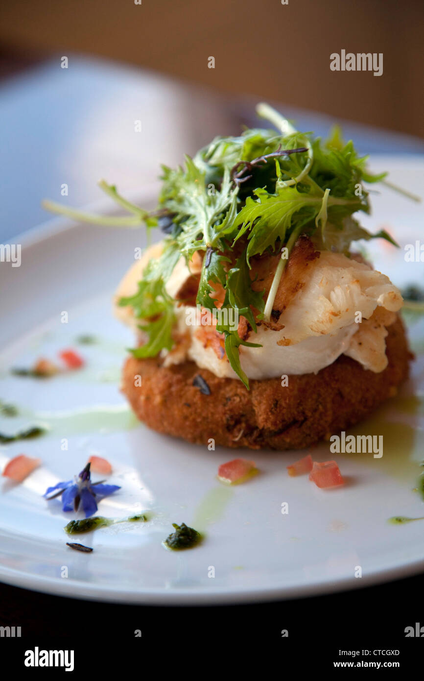 Lobster on Salmon cake, Marlborough, South Island, New Zealand Stock Photo