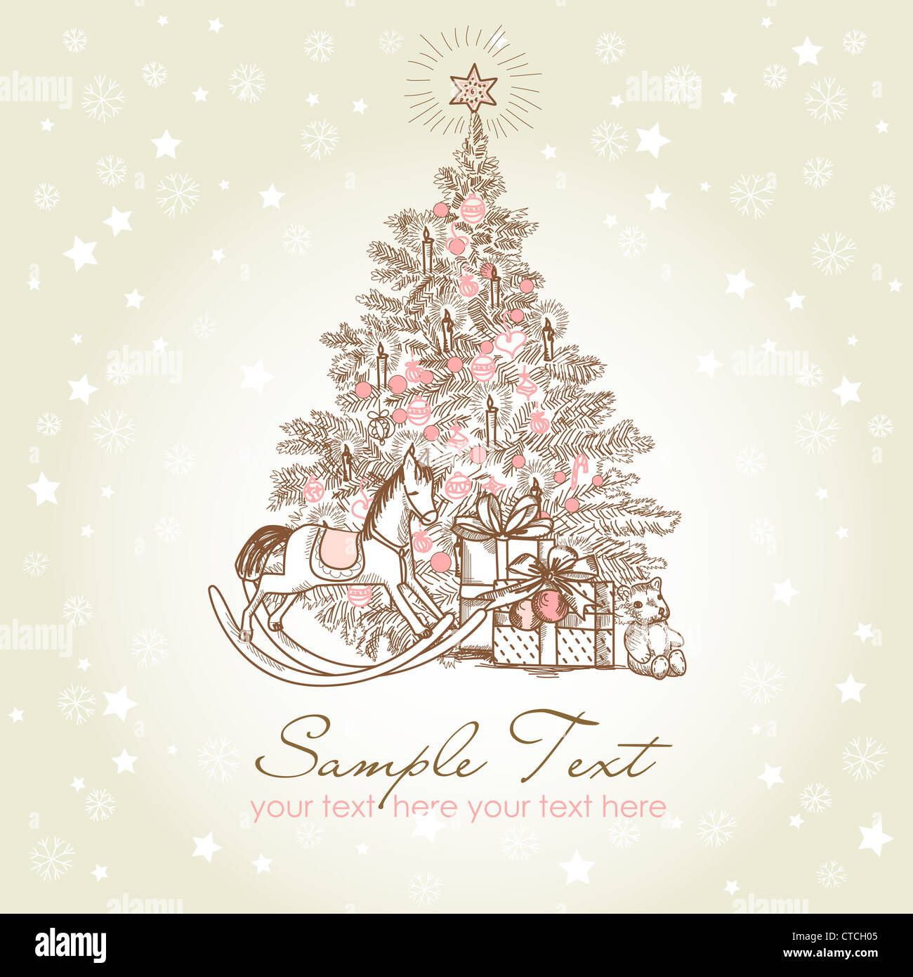 Vintage Christmas Card . Beautiful Christmas tree illustration Stock ...