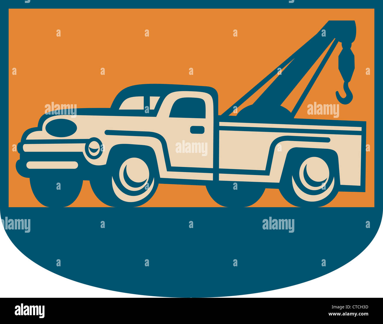 Retro illustration of a vintage tow wrecker pickup truck viewed from side. Stock Photo