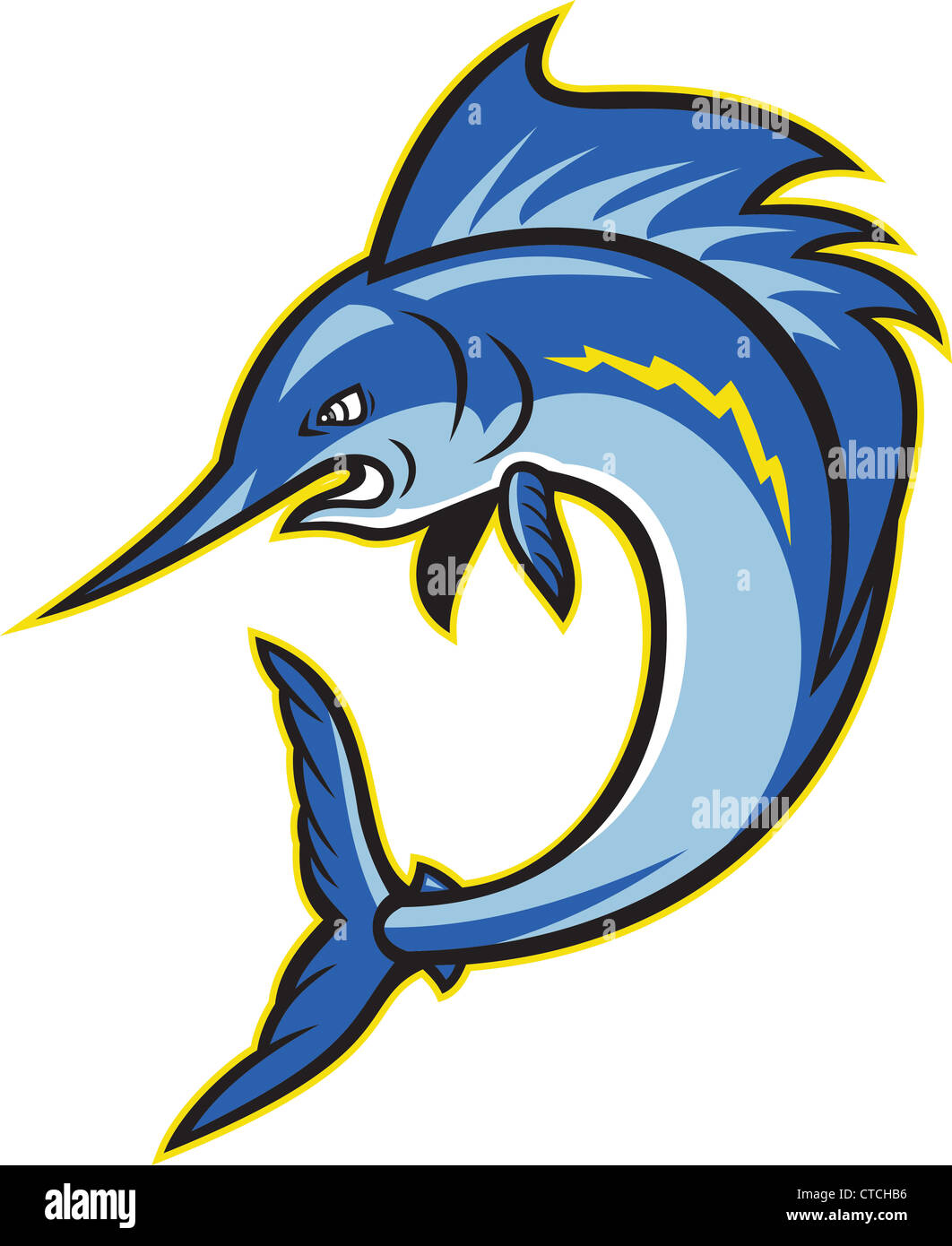 Cartoon illustration of a sailfish swordfish jumping viewed from side on isolated white background. Stock Photo