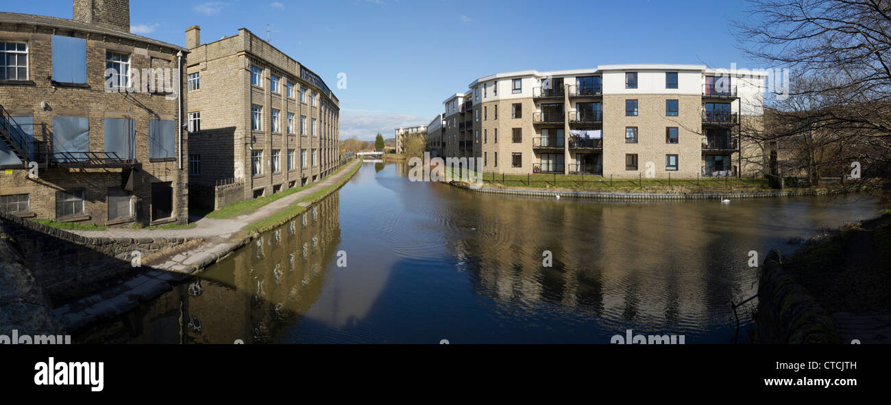 Panoramic view of Amber Wharf and Dockfield Mill on the Leeds Liverpool Canal at Shipley. Stock Photo