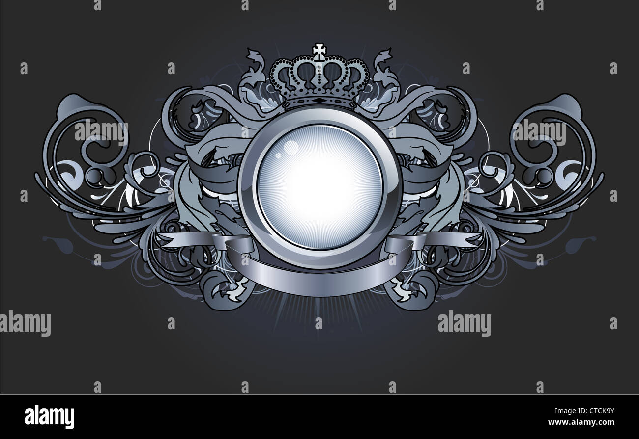 Vector illustration of heraldic frame or badge with crown, banner and floral elements Stock Photo