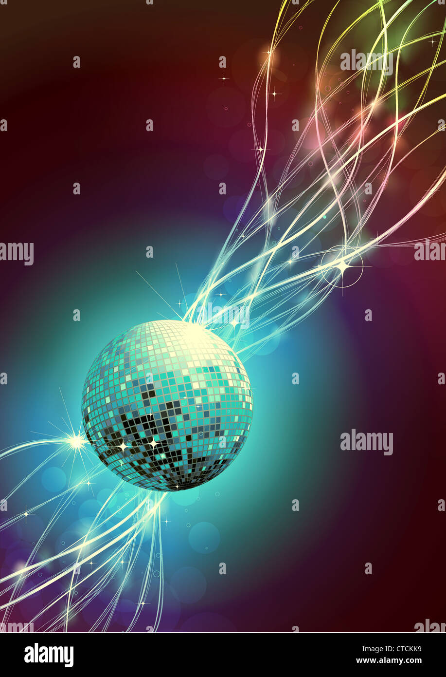 Vector illustration futuristic abstract glowing background resembling motion blurred neon light curves with Glossy disco ball Stock Photo