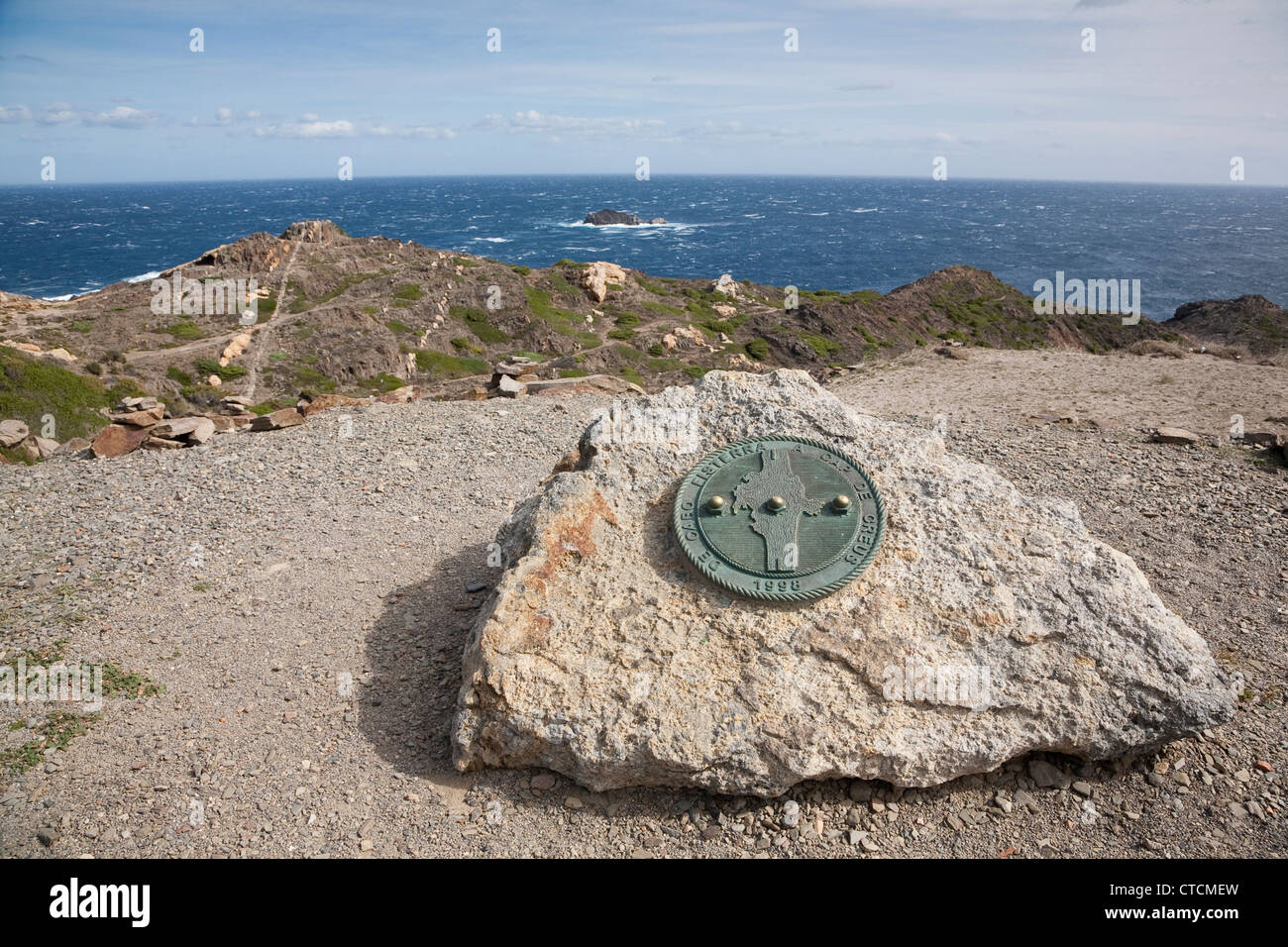 Benchmark at the easternmost point of continental Spain - Cap de Creus, Catalonia, Spain Stock Photo