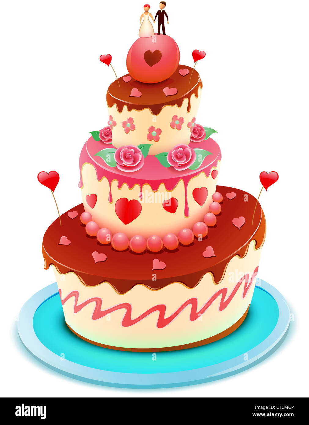 Vector illustration of a wedding tiered cake decorated with flowers and ...