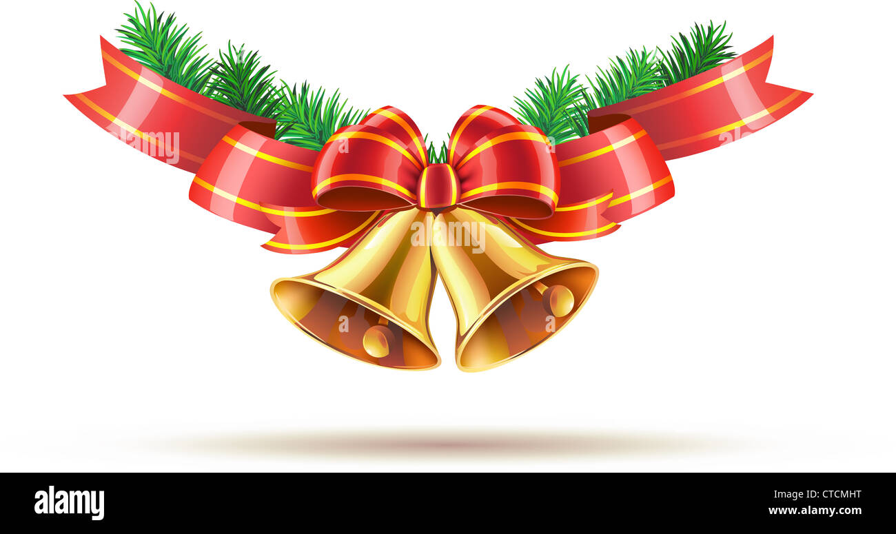Vector illustration of shiny golden Christmas bells decorated with red ...