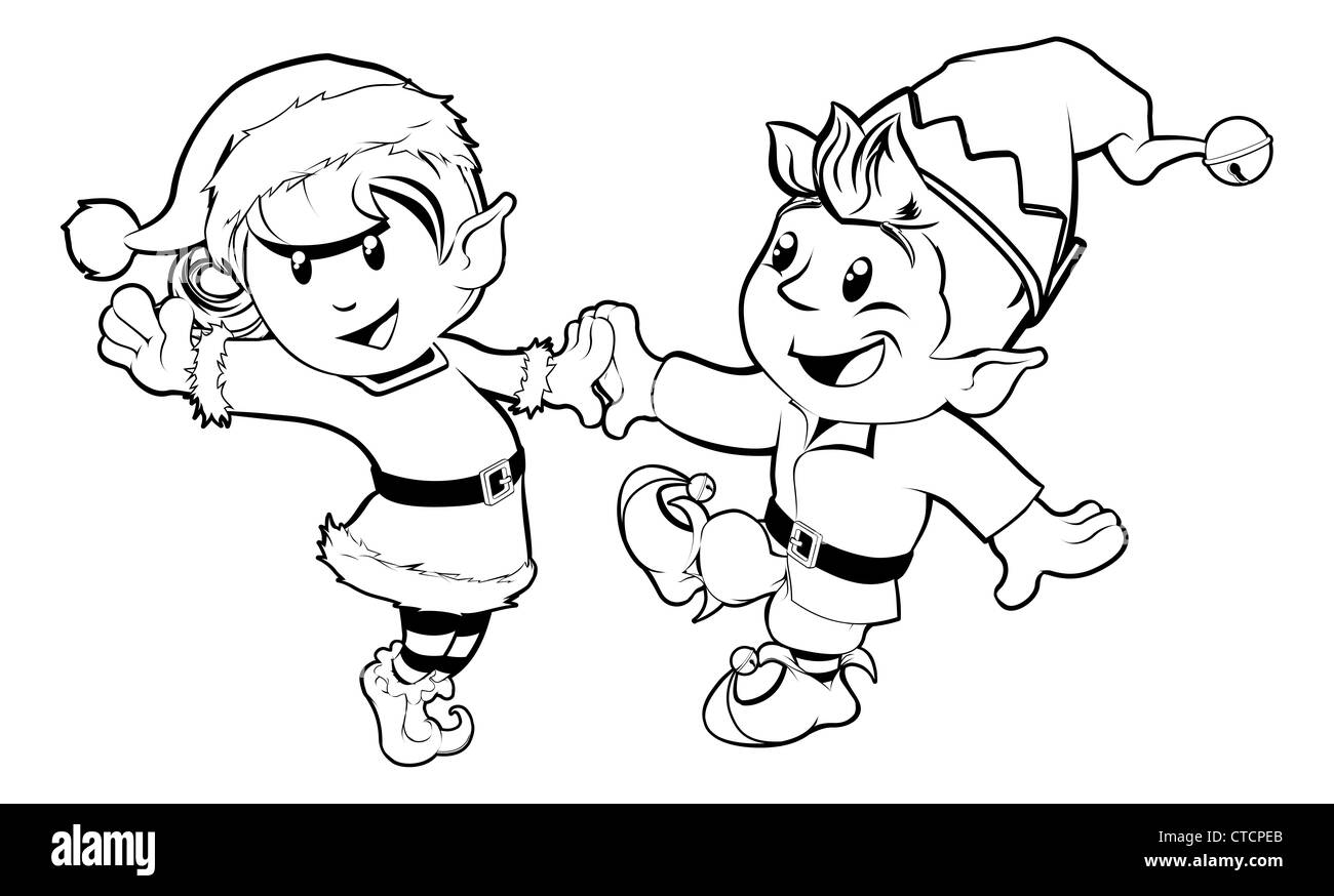 Black and white illustration of boy and girl Christmas elves dancing in Santa outfit and elf clothes Stock Photo