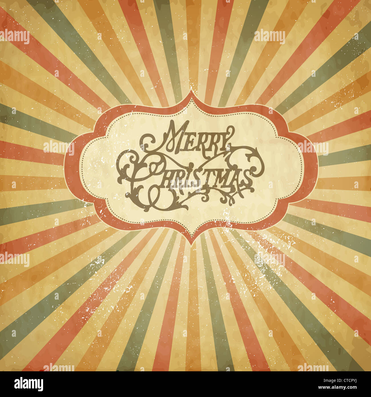 Vintage Christmas template, colored sun burst background Stock Photo