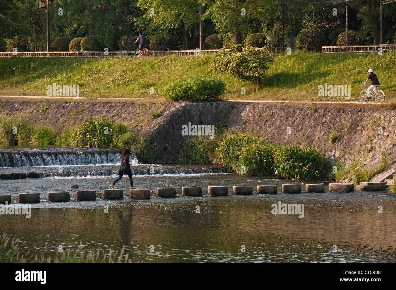 Stepping stones give pedestrians a way to cross the peaceful Kamo River (Kamo-gawa) in central Kyoto, Japan Stock Photo
