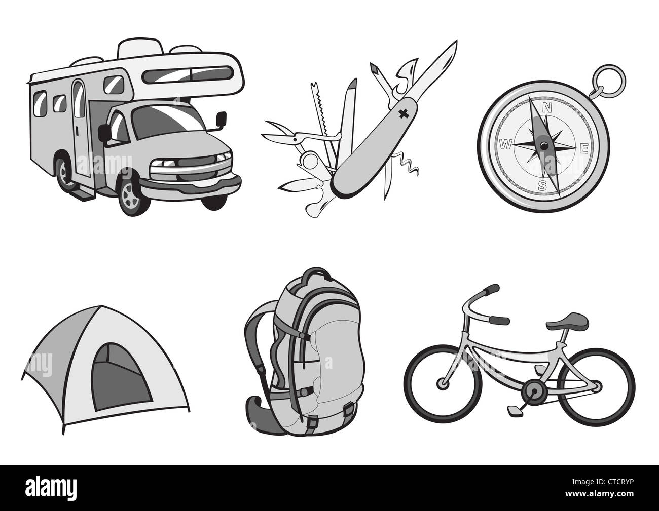 Vector illustration Outdoor camping icons Includes icons compass Travel Trailer penknife tent rucksack bicycle Stock Photo