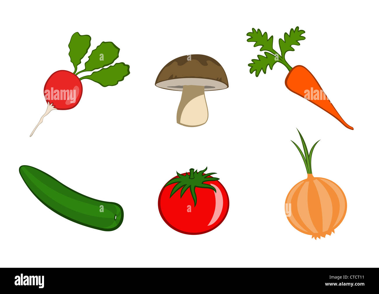Vector illustration of funny, cute vegetable icons. Includes radish,  mushroom, carrot, cucumber, tomato and onion Stock Photo - Alamy