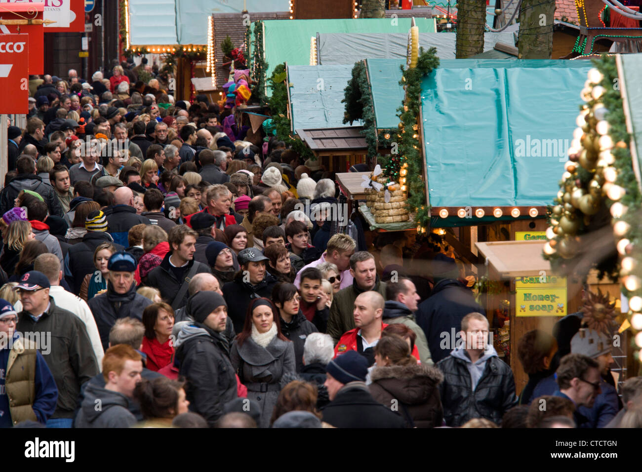 A busy New Street and Birmingham Centre as shoppers bustle around the annual Xmas German Market that visits every year. Stock Photo