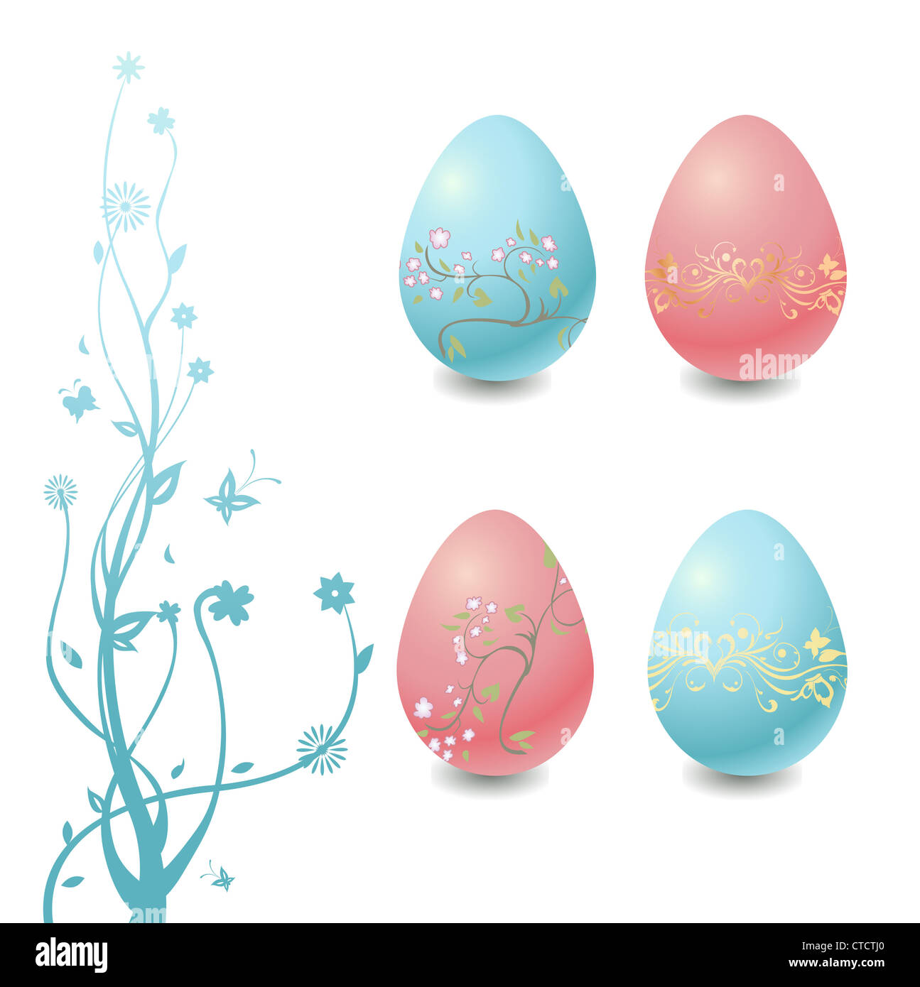 Vector Illustration of Easter Eggs with floral elements and the tree ...