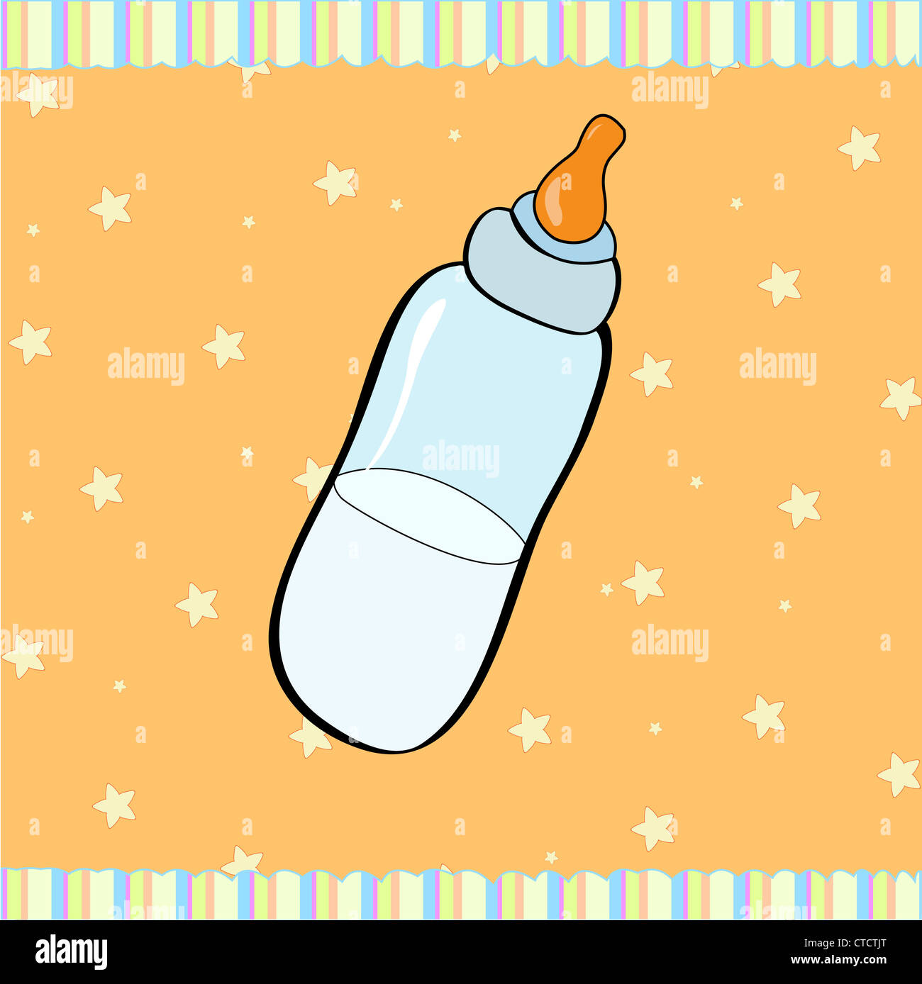 Cartoon vector illustration of baby bottle on the retro striped