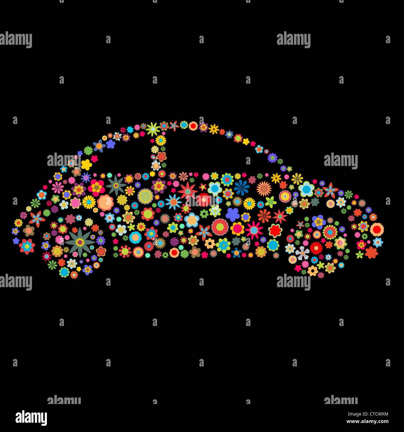 Vector illustration of car shape made up a lot of  multicolored small flowers on the black background Stock Photo