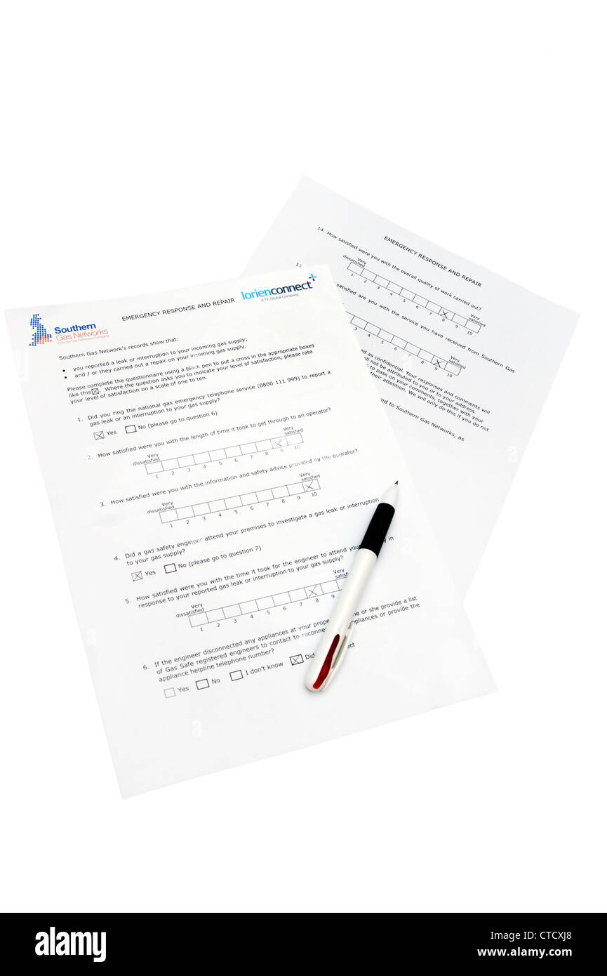 Southern Gas Networks questionnaire for a service provided on incoming gas supply work / gas leak Stock Photo