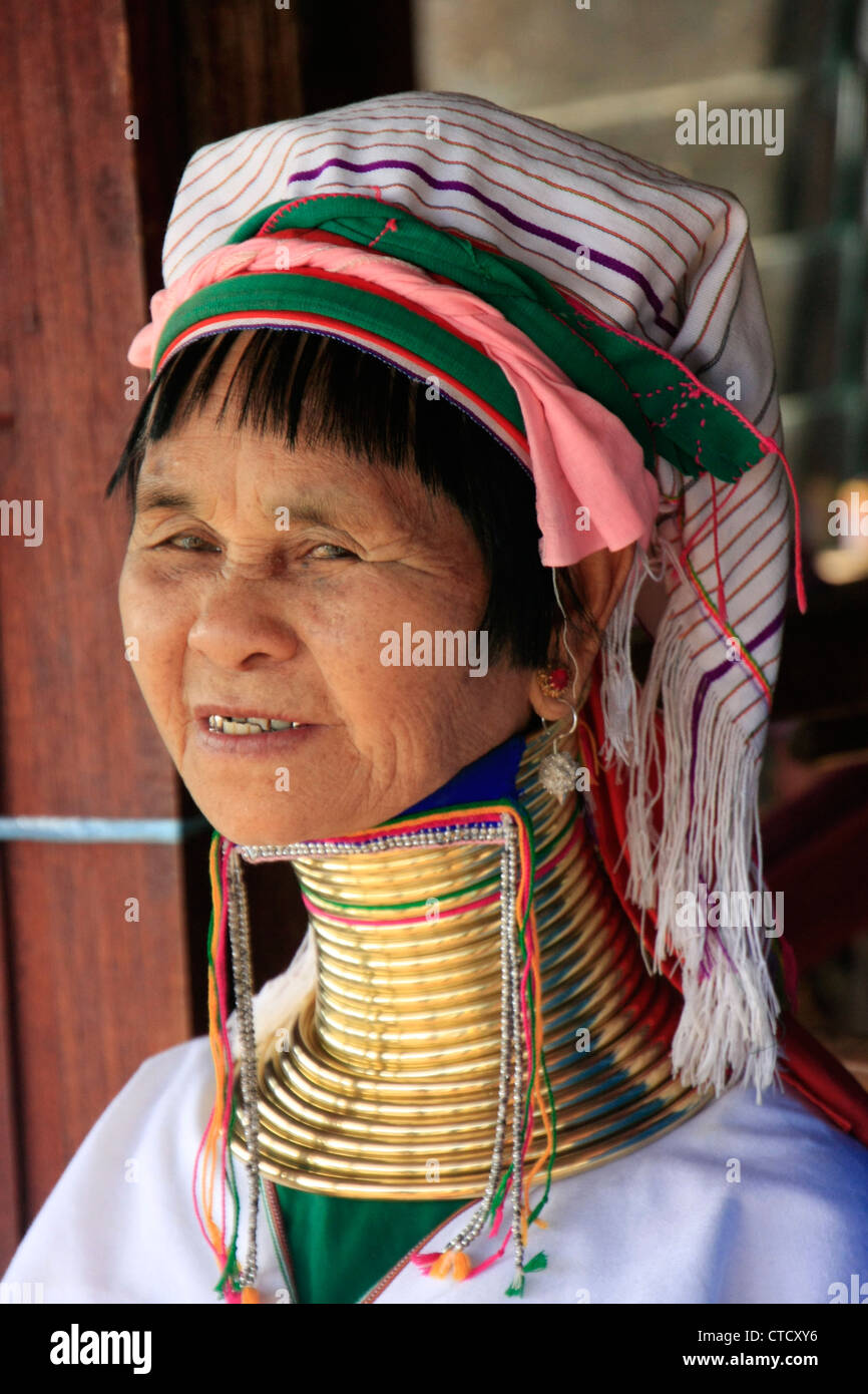 Portrait of long-necked woman from Padaung tribe, Inle lake, Shan state, Myanmar, Southeast Asia Stock Photo