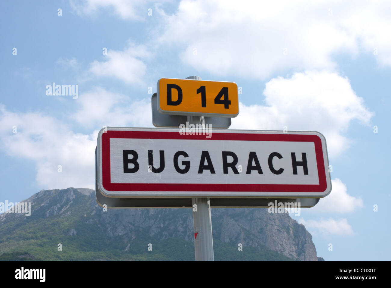 The village of Bugarach Aude France with Pic de Bugarach in the background Stock Photo