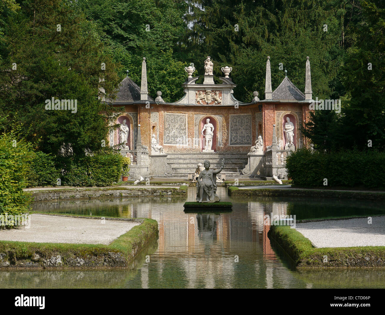 The Water Garden at the Castle and Palace of Hellbrun in Salzburg in Austria with its many 'trick' fountains. Stock Photo