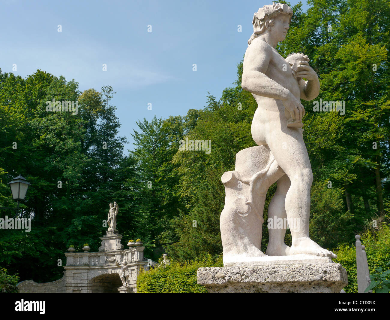 Statues in the Castle and Palace of Hellbrun in Salzburg in Austria with its many 'trick' fountains. Stock Photo