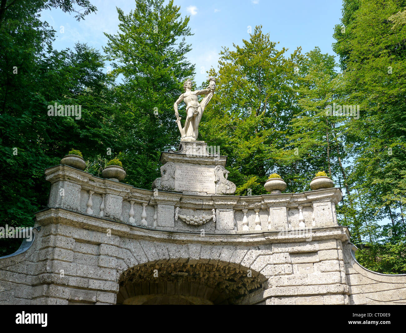 Statue in the Castle and Palace of Hellbrun in Salzburg in Austria with its many 'trick' fountains. Stock Photo