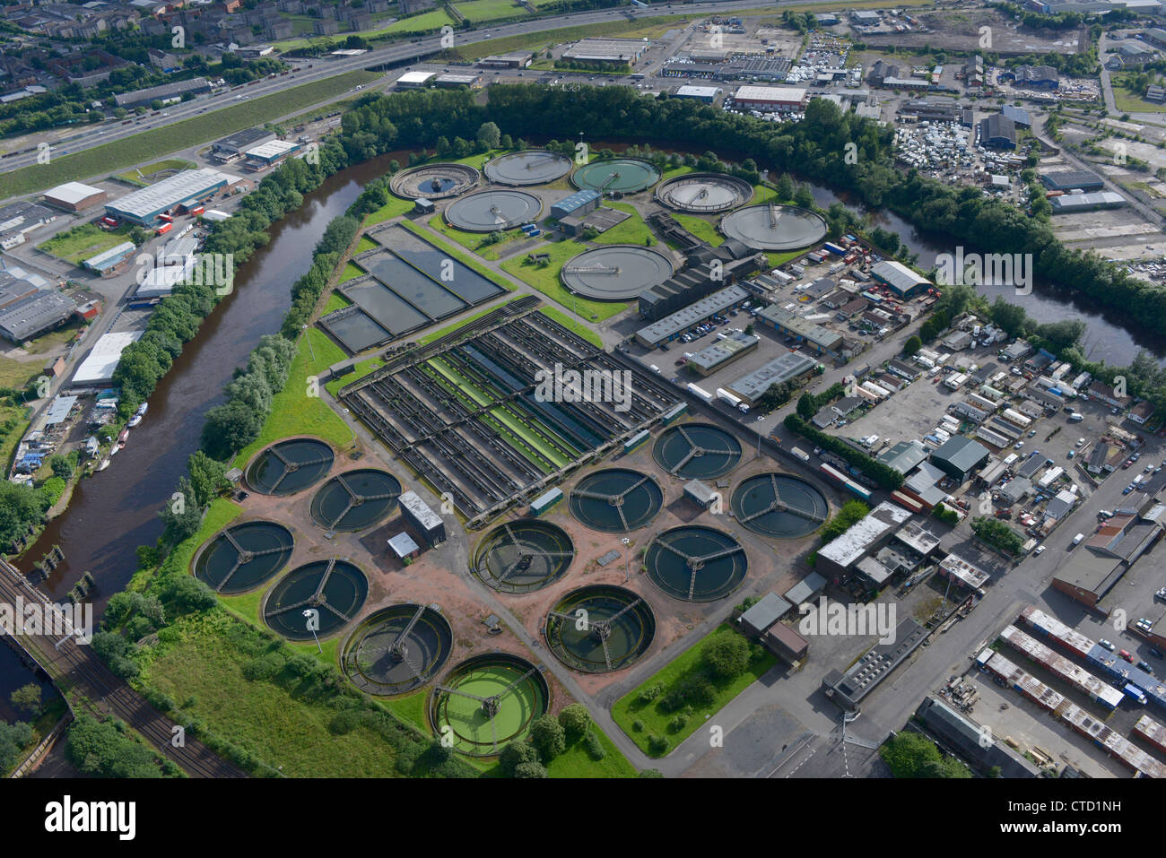 Aerial view Dalmarnock Sewage Treatment Works in Glasgow. Stock Photo