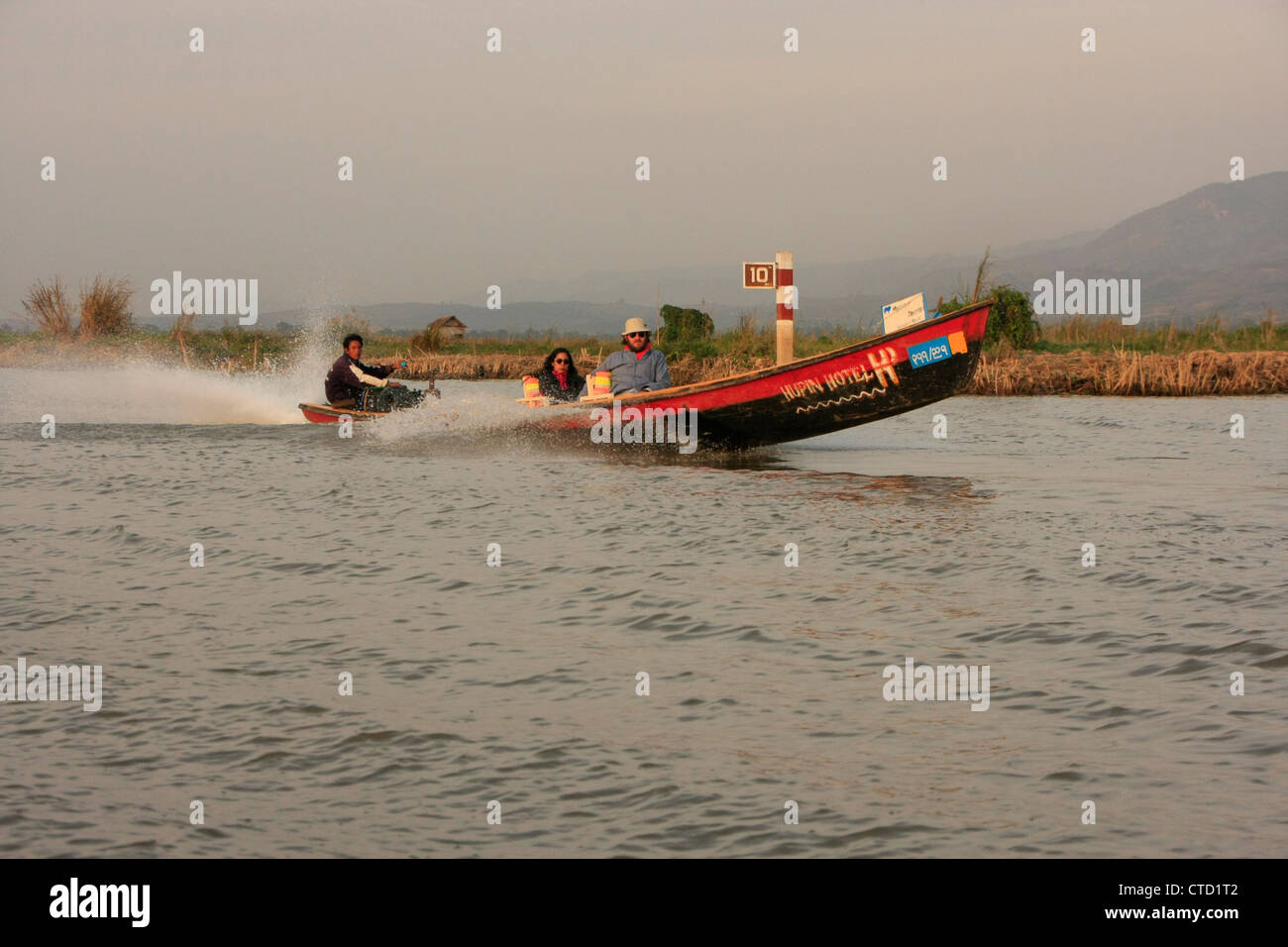 Tourist motorboat, Inle lake, Shan state, Myanmar, Southeast Asia Stock Photo