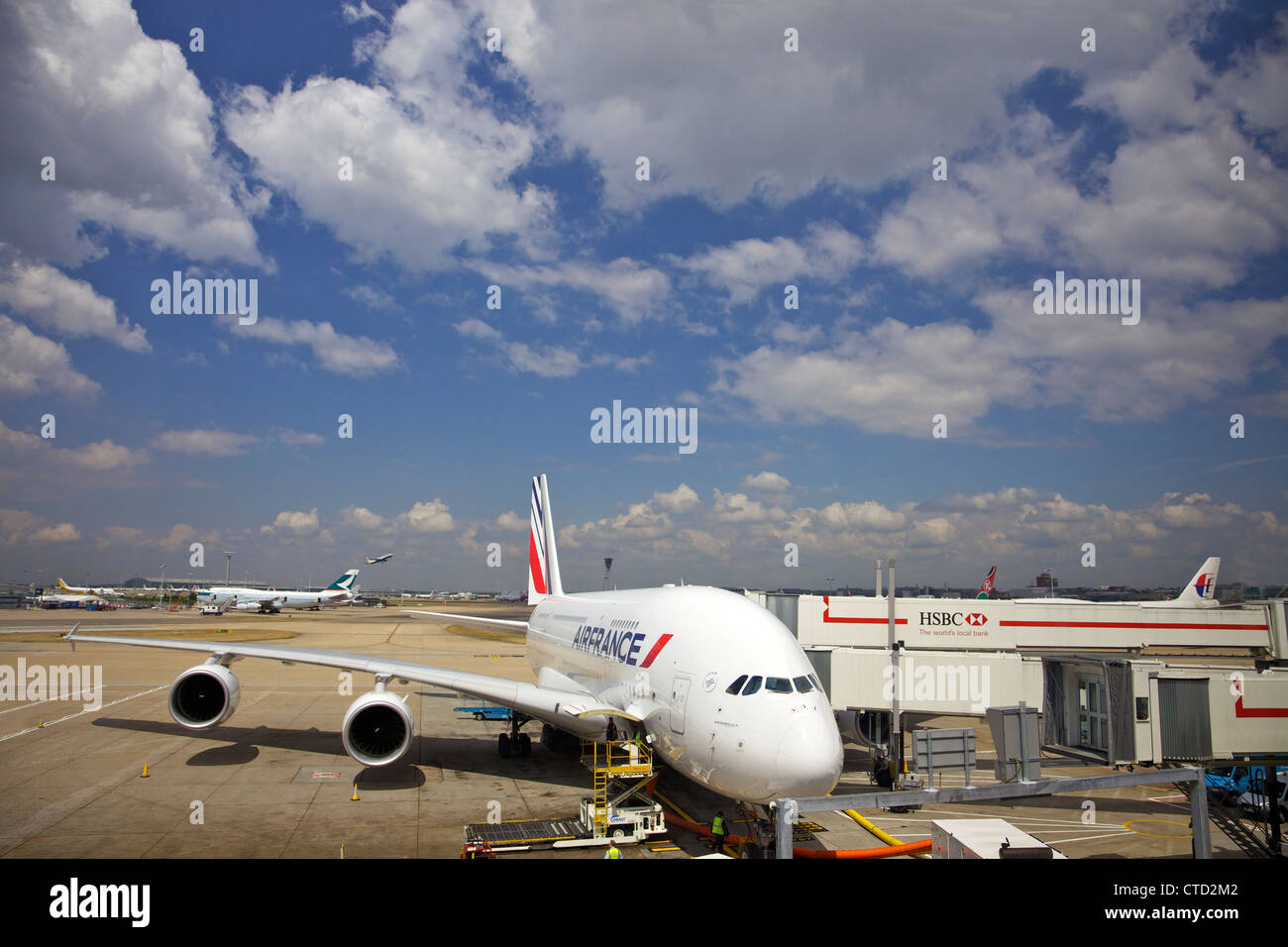 Air France Airbus A380 standing outside Terminal 4, Heathrow Airport, London, England, UK, United Kingdom, GB, Stock Photo
