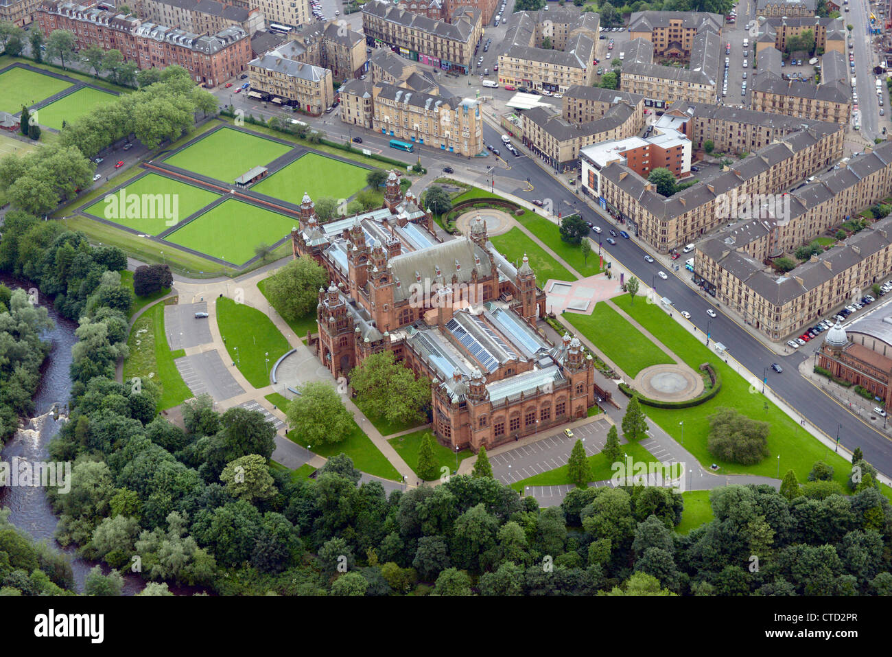 Aerial view Kelvingrove Art Gallery and Museum Glasgow with the bowling greens on the left. Stock Photo