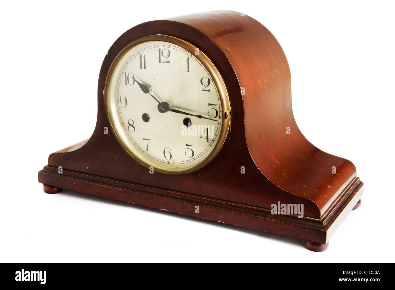 Antique wooden clock on a white background Stock Photo