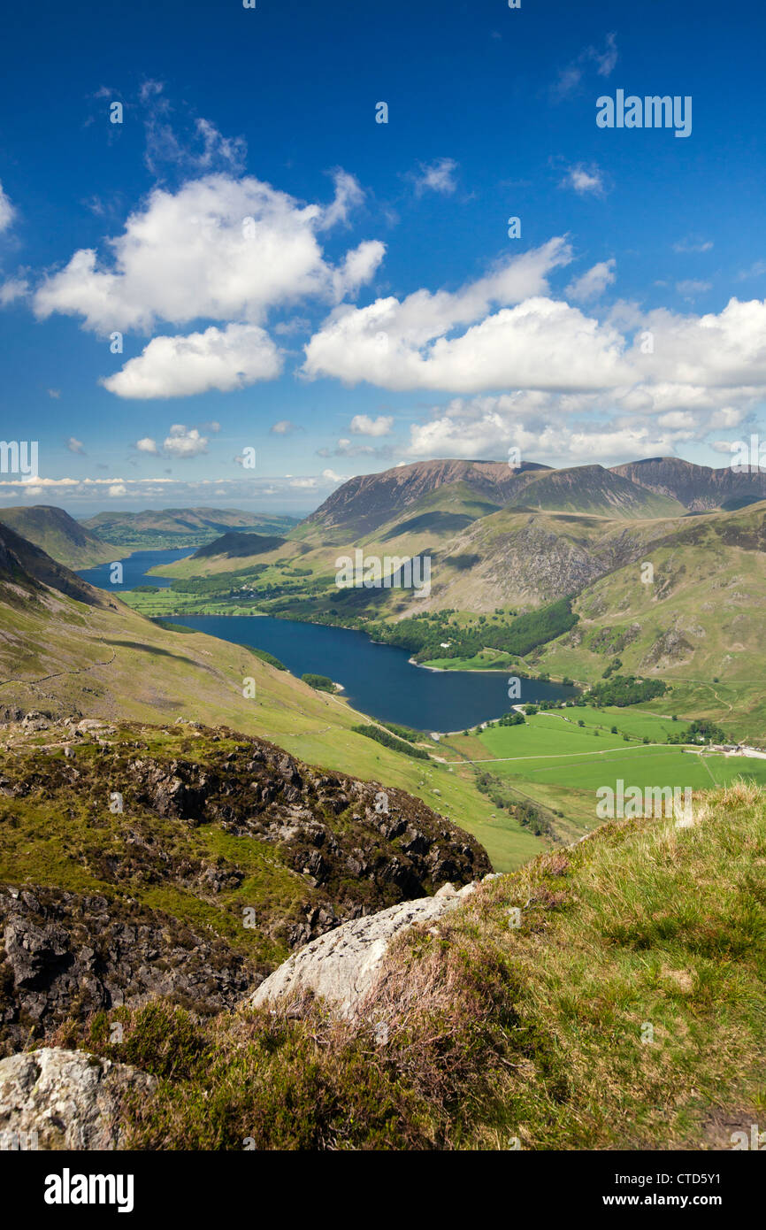 Buttermere And Grasmoor Mountain Viewed From High On Haystacks Mountain, The Lake District Cumbria Lakeland England UK Stock Photo