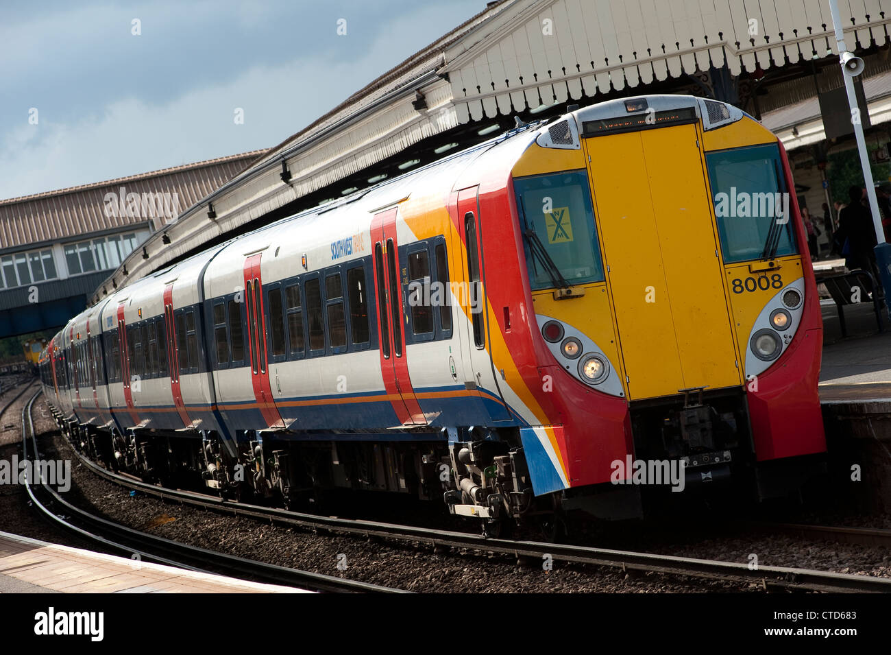 Class 458 passenger train in South West Trains livery at Clapham Junction station, England. Stock Photo